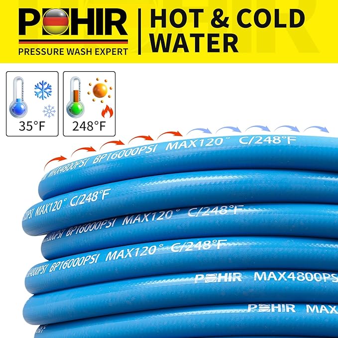 POHIR 100ft Pressure Washer Hose 3/8" 4800 PSI, Kink Resistant Industrial Grade Hose with Quick Connect Ends and Adapters for Hot & Cold Water up to 248°F, Steel Wire Braided Hose for Power Washing