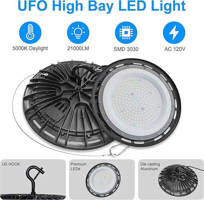 Super Bright High Bay LED Shop Lights - 150W 5000K Daylight, 21000LM 120VAC with 5ft Cord & US Plug. Standard US Hook, IP65 Waterproof led high Bay UFO Lights (1Pack)