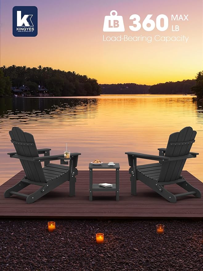 KINGYES Folding Adirondack Chair Set of 6, HDPE All-Weather Patio Chairs with Cup Holder, Wooden Textured Fire Pit Chairs for Poolside, Backyard, Deck, Grey