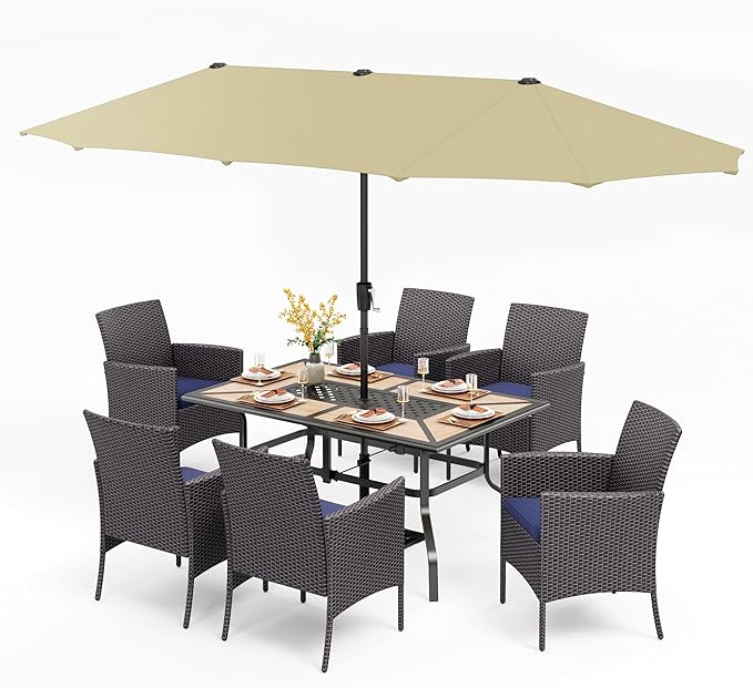 PHI VILLA 7 Piece Outdoor Dining Set with Umbrella, Rectangular Wood Top Metal Dining Table & Cushioned Wicker Chairs & 13ft Large Beige Umbrella for Patio, Deck, Yard