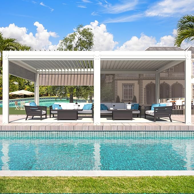YOLENY Louvered Pergola and 6 Pull-Down Screens, 10x20FT All Aluminum Pergola with Adjustable Rainproof Roof, Outdoor Sun Shade Shelter for Patio, Weatherproof, White