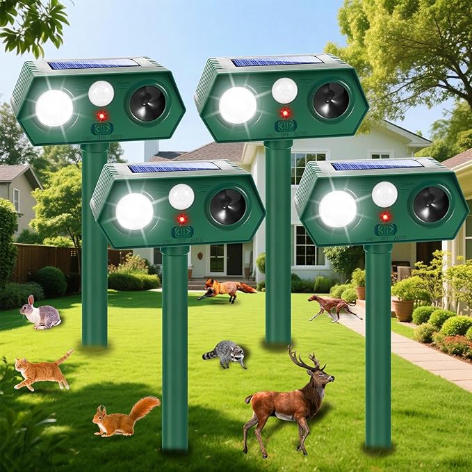 4Pack Solar Ultrasonic Animal Repellent,Waterproof Deer Repellent Devices with Motion Detection,2025 Cat Repellent Outdoor Squirrel Skunk Rabbit Dog Raccoon Bird Deterrents Animal Repeller for Yard