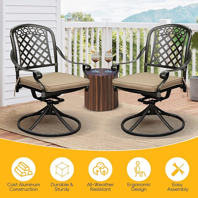 2 Piece Cast Aluminum Outdoor Swivel Dining Chairs, All-Weather Patio Swivel Rocker Chair Sets with Cushion for Garden, Backyard, Poolside, Bistro (Khaki, 2 Pieces)