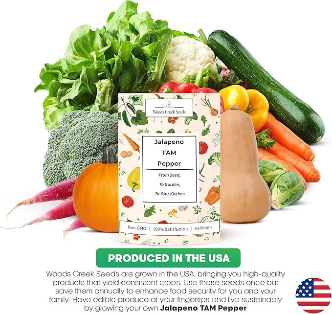 Woods Creek Seeds: JalapeΓ±o TAM Hot Pepper Seeds for Planting - Over 180 Heirloom Non-GMO Jalapeno Seeds for Planting - Beginner Friendly Jalapeno Pepper Seed Pack for Indoor, Outdoor & Home Garden