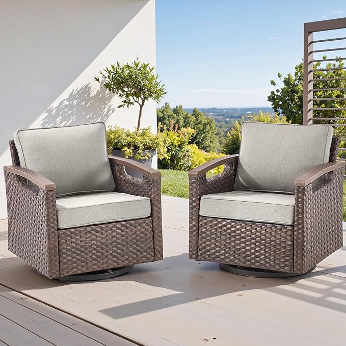 Rilyson 4 Piece Outdoor Patio Swivel Rocking Chairs, All Weather Wicker, Metal Armrest, Deep Seating, Thick Comfortable Cushions, Ideal for Deck Porch Backyard, Brown/Beige