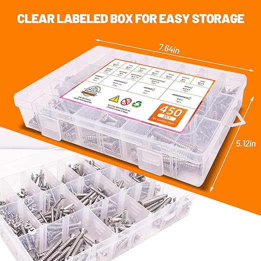 450-Piece Stainless Steel Wood & Sheet Metal Screw Assortment – #4 to #12 Phillips Flat Head Self-Tapping Screws (1/4" to 2")