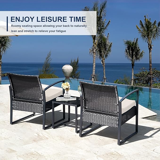 3 Pieces Outdoor Patio Furniture Set Wicker Rattan Chair Set Patio Bistro Conversation Set 3 Pcs with Coffee Table for Yard & Bistro (Beige)