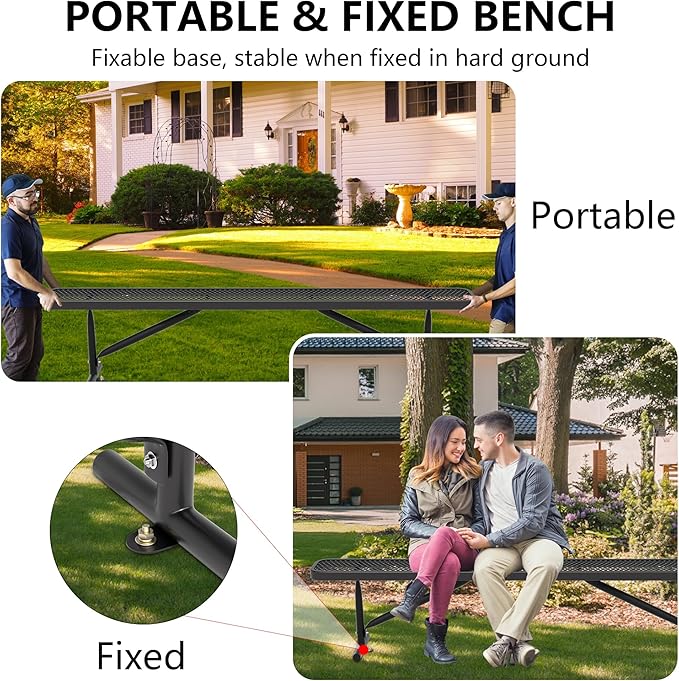 8 Feet Heavy Duty Metal Park Bench for Outside, Outdoor Bench with Portable Frame, Commercial Benches for Shopping Mall, Store, Park, Patio, Deck, Black