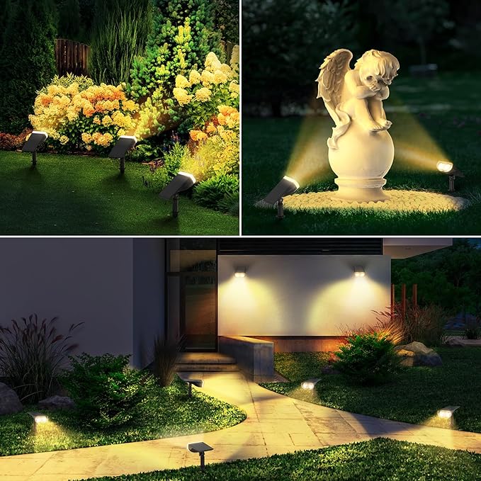 Linkind Solar Lights Outdoor Waterproof IP67, StarRay Dusk-to-Dawn Outdoor Solar Lights, 3 Lighting Modes Solar Spot Lights Outdoor for Garden, Yard, Landscape (Warm White, 2 Pack)