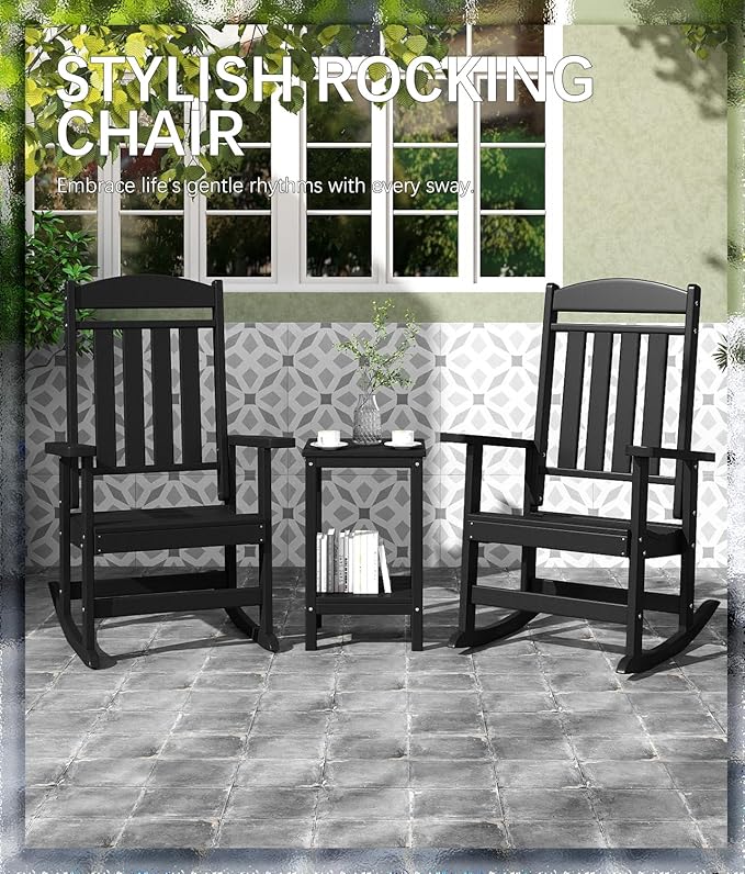 FOOWIN Outdoor Rocking Chair Set of 4,High Back Patio Rocking Chair, HDPE All Weather Resistant Porch Rocker for Adult, Oversized Rocking Chairs for Garden, Lawn, Indoor & Outdoor Use, Black
