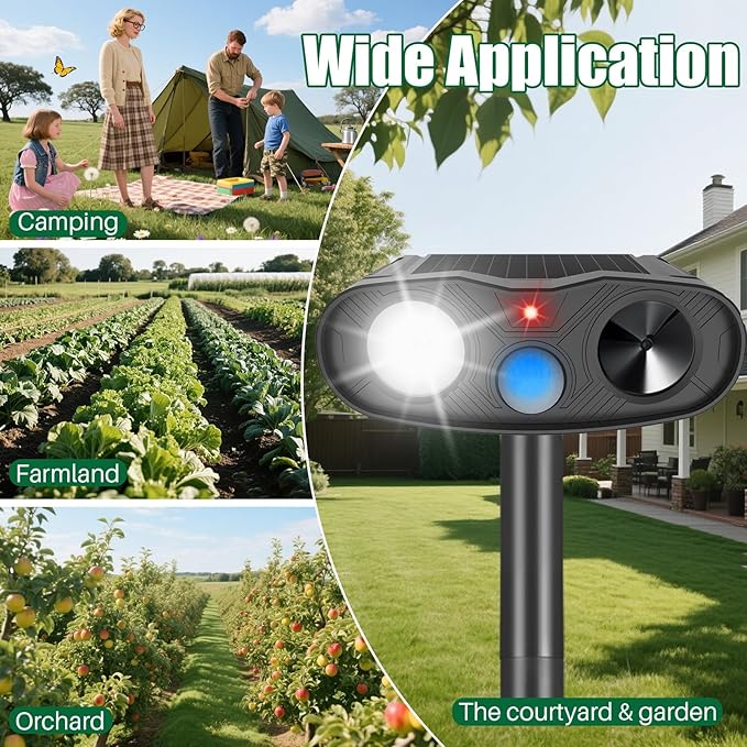 Ultrasonic Animal Repellent Outdoor Deer Repellent Devices, 2Pack Solar Animal Repeller with Motion Detection Cat Squirrel Dog Repellent Deterrent with LED Flash Lights for Yard (Black) 251113 (2)