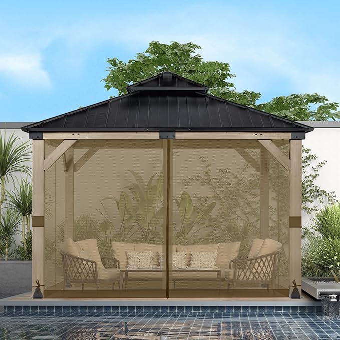 BPS 12' x 12' Gazebo Universal Mosquito Netting Screen Replacement, 4-Panel Screen Walls with Double Zippers for Outdoor Patio, Brown (Mosquito Net Only)