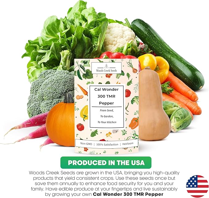 Woods Creek Seeds: Cal Wonder 300 TMR Sweet Pepper Seeds for Planting - Over 250 Heirloom Non-GMO California Wonder Bell Pepper Seeds for Planting Outdoors or Indoors for Home Plant Gardens