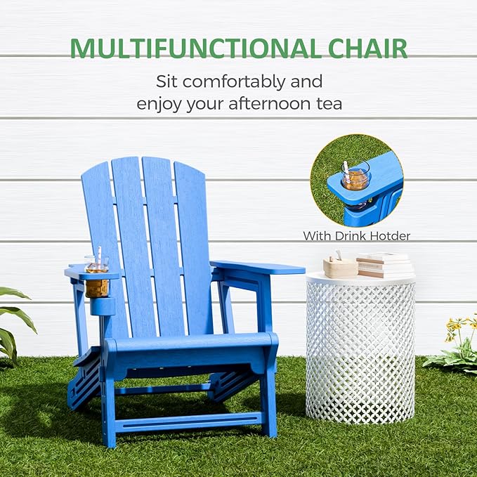 FONTOI Adirondack Chair, Plastic Outdoor Patio Adirondack with Cup Holder, 400 LBS Capacity Recliner Chair Garden for Backyard Lawn Beach Sky Blue
