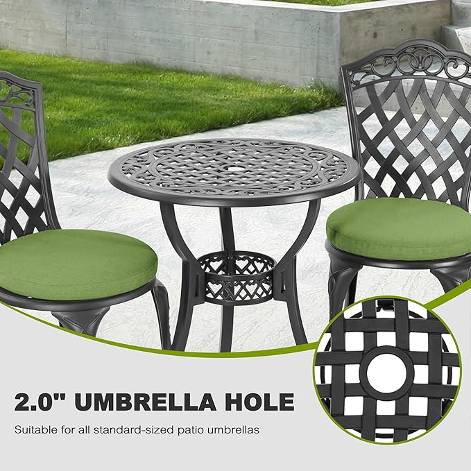NUU GARDEN 3-Piece Patio Bistro Set Outdoor Cast Aluminum Bistro Table and Chairs Set of 2, Outdoor Patio Bistro Set with Umbrella Hole and Green Cushions for Porch, Garden, Black