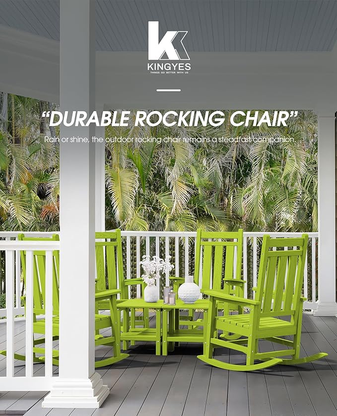 KINGYES Outdoor Rocking Chair, All-Weather Patio Rocking Chairs for Porch, HDPE Rocking Outdoor Chairs with High Back for Adult, Heavy Duty Outdoor Patio Rockers for Garden, Lawn, Apple Green