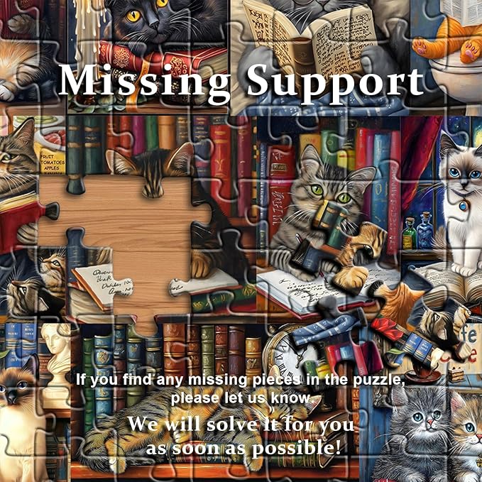 Vintage Cat Puzzles for Adults 1000 Pieces,PICKFORU Retro Cat Library Themed, Book Kitten Bookshelf Jigsaw Puzzles Collage Challenge