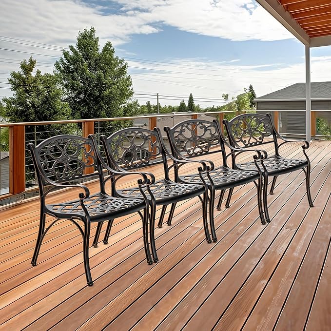 Cast Aluminum Outdoor Dining Chairs Set of 4, 4 Piece All Weather Cast Aluminum Patio Bistro Chairs with Armrest for Balcony, Backyard, Garden