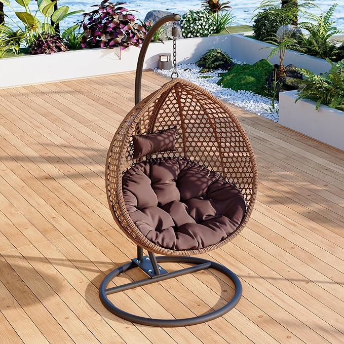 Egg Swing Chair Outdoor with Stand, Hanging Egg Rattan Basket Chair with Cushion and Pillow, Swinging Egg Chair, Foldable Basket and Metal Stand for Porch, Patio, Bedroom, Balcony,Yard (Brown)