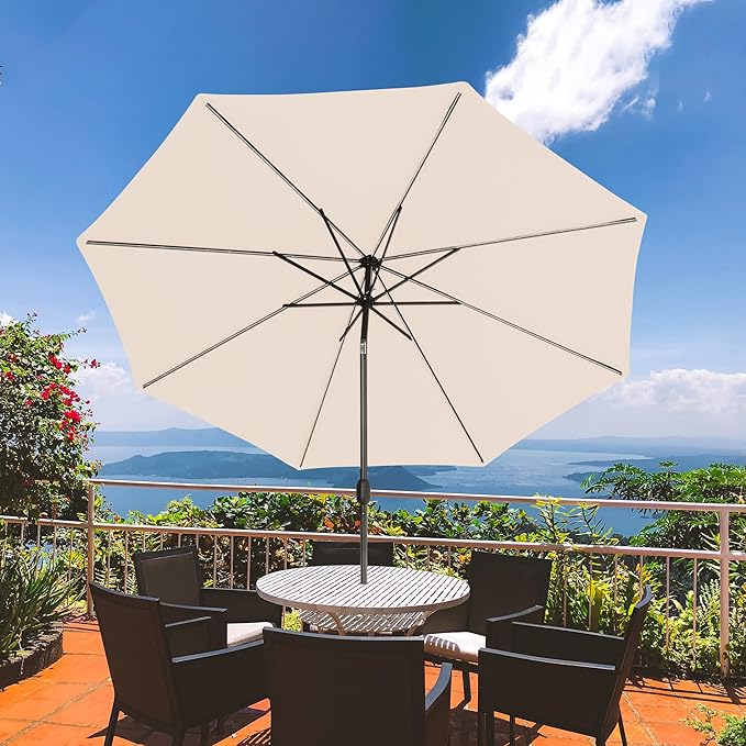 Sundale Outdoor Olefin 5-Year-Non-Fading Solar 88 LED 10FT Solar Patio Umbrella with Sand Bag Base, Outdoor Umbrella with Tilt and Crank, Beige