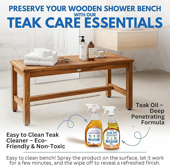 EcoDecors Eleganto 47 Inch Natural Color Waterproof Teak Wood Shower Bench Stool Seat Chair for Inside Shower Provides Safety, Storage, and Organization for Bathroom Accessories
