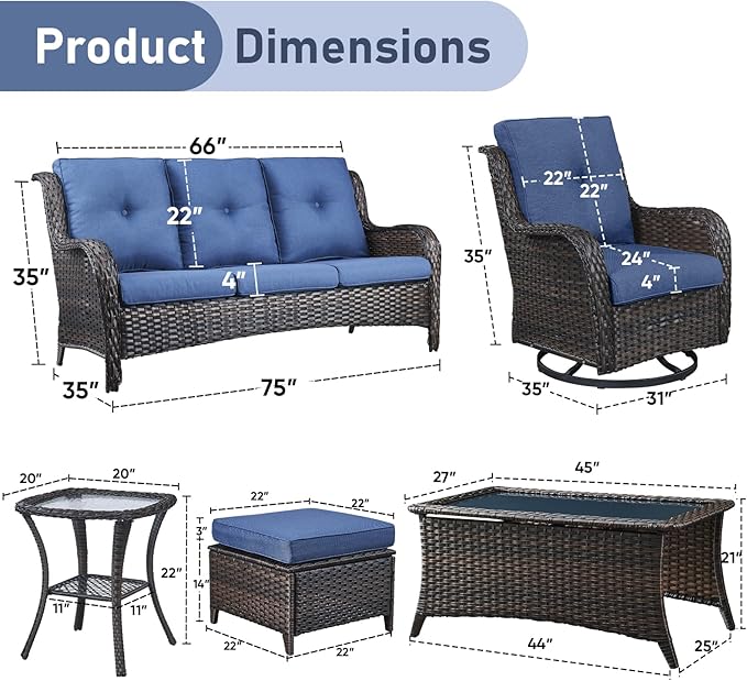 Wicker Patio Furniture-7 Pieces Rattan Patio Furniture Set Outdoor Patio Couch with Swivel Patio Chairs Ottomans and Coffee Table for Deck Poolside Backyard-Brown/Blue