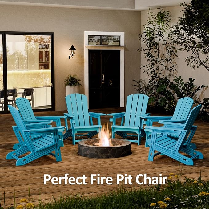 Adirondack Chairs Set of 2,Adirondack Chair with Cup Holder,Wooden Textured Plastic Fire Pit Chair,All-Weather Outdoor Patio Chairs for Lawn,Backyard Deck, Porch,400LBS Heavy-Duty,Sky Blue