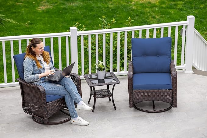 ALAULM Outdoor Swivel Rocking Chairs Set of 2 with 4”Thick Cushions and High Back, Wicker Patio Chairs w/Side Table for Patio, Porch, Poolside, Deck, Backyard, Garden-Dark Blue