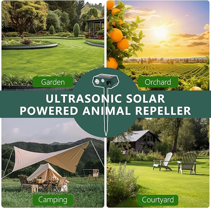 2Pack 2025 Ultrasonic Animal Repellent Outdoor Deer Repellent Devices Solar Animal Repeller Motion Activated Deterrent to Scare Cat Squirrel Rabbit Raccoon Skunk with LED Flash Lights for Yard Lawn