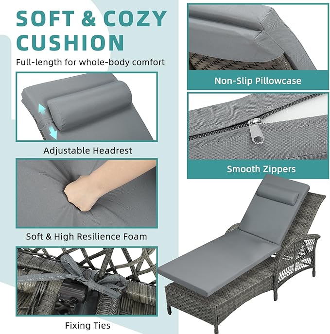 MEETWARM Outdoor Wicker Chaise Lounge Chair with Side Table, All Weather PE Rattan Patio Lounge Chair with Cushion, 6-Positions Adjustable Pool Reclining Sunbathing Chair, Armrest & Head Pillow, Gray