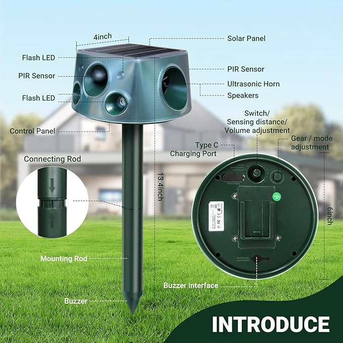 Solar Ultrasonic Animal Repellent, Deer Repellent Devices with Motion Detection & 4 Mode, Cat Repellent Outdoor Squirrel Skunk Rabbit Raccoon Dog Mouse Deterrents Repeller for Yard Patio Waterproof