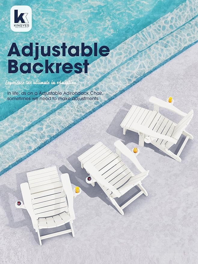 KINGYES Folding Adjustable Adirondack Chair with Ottoman & 2 Cup Holders Set of 4, HDEP Multifunctional Adirondack Chair with Footrest, White