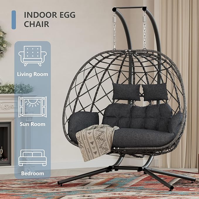 SWITTE Double Egg Swing Chair with Stand, 2 Person Outdoor Indoor Hammock Hanging Chair with Cushion for Patio Living Room 650 LBS Capacity-Dark Grey