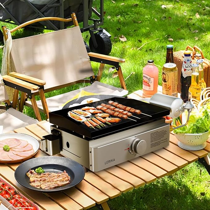 LERIKA 18" Tabletop Propane Grilddle for Outdoor Kitchen Barbecue Grill, Non Stick Enamel/Durable Stainless Steel/1 Burner Portable Flat Top Grill