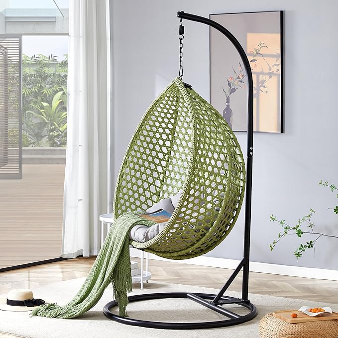Hanging Egg Chair with Stand, Egg Swing Chair with Stand Indoor Outdoor,Green Wicker Swing Egg Chair for Adults, Hammock Chair with Comfortable Cushion and Stable Round Metal Base for Bedroom Patio