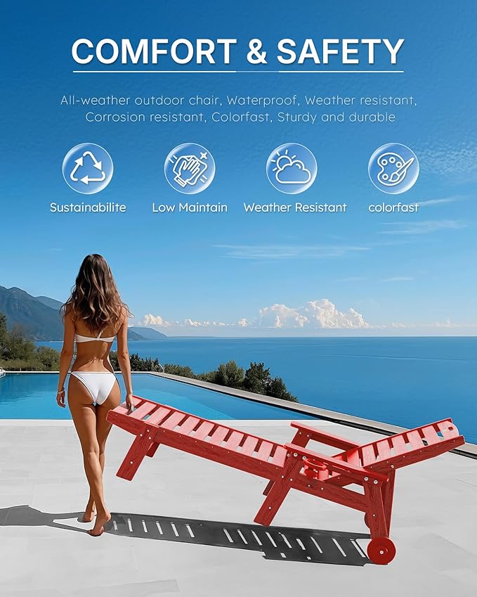 Chaise Lounge Chair Outdoor with Wheels, Oversize Patio Lounge Chairs with Wood Texture, 5-Position Plastic Lounge Chairs Set of 2-Red(Separate Delivery)