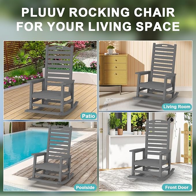 Outdoor Rocking Chair Set of 4 with Removable Footboard for Adults, HDPE High Back Patio Rocking Chairs, 330lbs All Weather Porch Rocking Chairs for Outdoor & Indoor -Grey