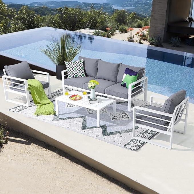 Patiorama Aluminum Patio Furniture Set, 4 PCS Modern Patio Conversation Set, All Weather White Outdoor Sectional Sofa Set w/Coffee Table, 3-Seater Sofa, Superior Olefin Cushion, Garden-Grey Cushion