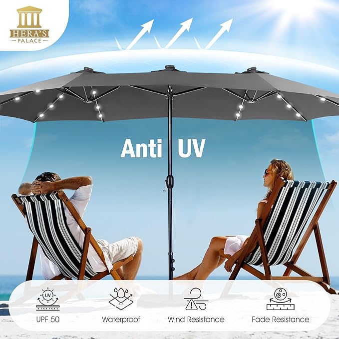 HERA'S PALACE 15ft Patio Umbrella with Base Included Double Sided Outdoor Umbrella for Patio Table Umbrella Outdoor 36 LED Solar Lights for Garden