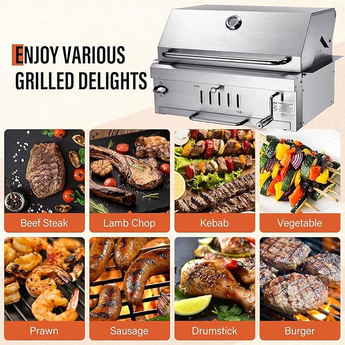 28In Built in BBQ Grills, Large Outside Charcoal Grill with BBQ Fork Kit Liftable Tray & Thermometer, Silver Stainless Steel Barbecue Grill for Outdoor Kitchen Cooking Patio Camping Park Style