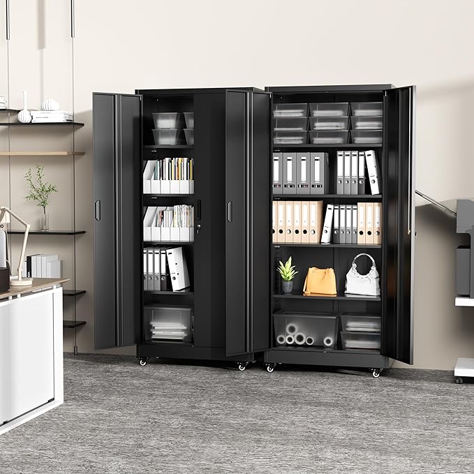 Greenvelly Metal Garage Storage Cabinet with 4 Swivel Wheels, 73” Black Storage Cabinet on Wheels, Rolling Tool Cabinet with Locking Doors and Shelves for Home, Basement, Kitchen Pantry, Warehouse