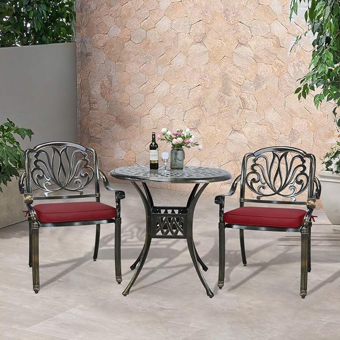 VIVIJASON 3-Piece Patio Bistro Set, All-Weather Cast Aluminum Outdoor Furniture Dining Set, Include 2 Cushioned Chairs and 31" Round Table w/Umbrella Hole for Balcony, Lawn, Backyard, Red Cushion