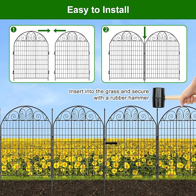 10 Panels Garden Fence with Gate for Yard, 40 in(H) X 24ft(L) No Dig Dogs Decorative Fence Outdoor Animal Barrier Fencing, Rustproof Metal Wire Patio Temporary Fences for Dogs Rabbits