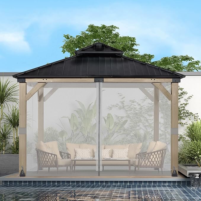 BPS 12' x 12' Gazebo Universal Mosquito Netting Screen Replacement, 4-Panel Screen Walls with Double Zippers for Outdoor Patio, Gray (Mosquito Net Only)
