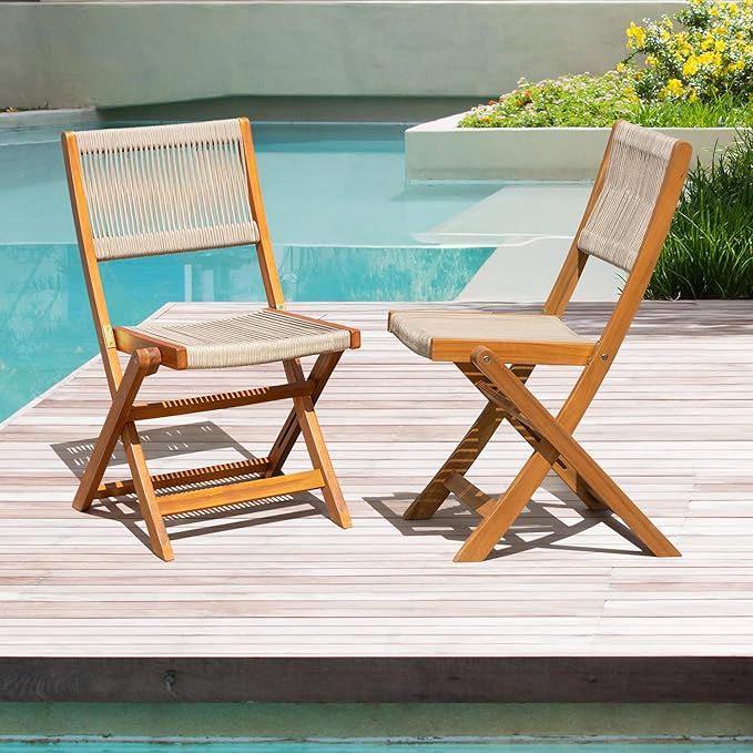 IDZO Wood Rope Design Bistro Chairs, Folding Patio Set of 2 Chairs – Heavy-Duty 400lbs Capacity Outdoor Seating for Balcony, Garden, or Porch