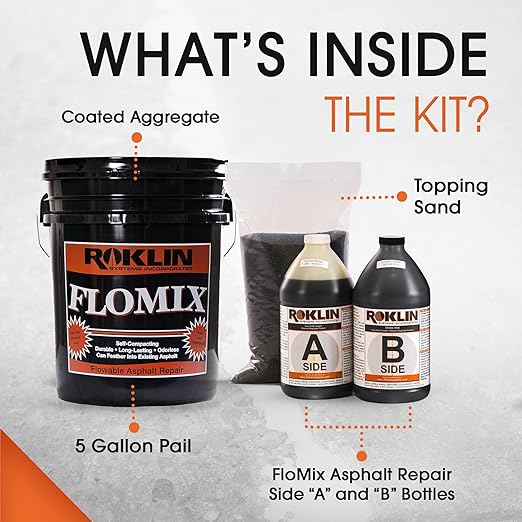 Roklin Systems, Inc. - FloMix Rapid Asphalt Repair, Quick-Drying Spall, Floor & Asphalt Crack Filler, Simple-to-Apply Driveway Sealer (Black, 5 Gallon Kit)