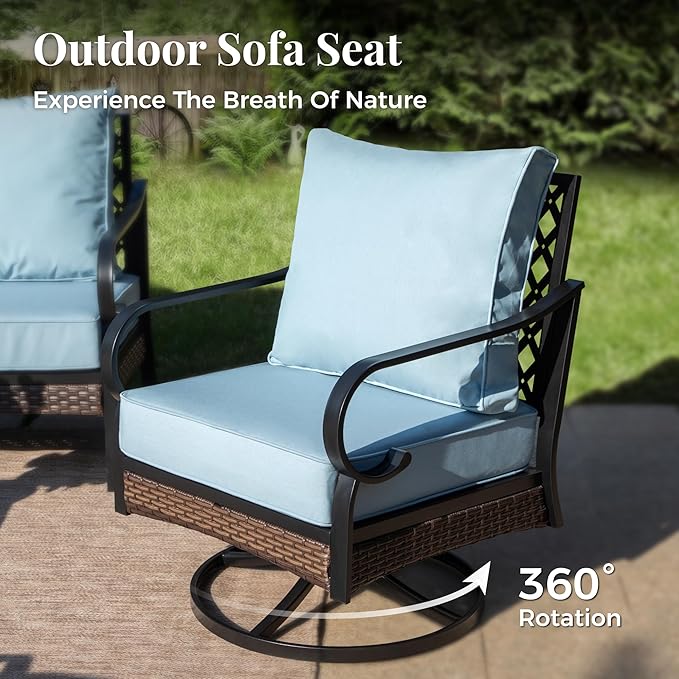 Outdoor Patio Swivel Sofa Chairs Set of 2 Steel Frame Porch Furniture with Deep Seating and 5.75" Cushions for Lawn Backyard Deck, Blue