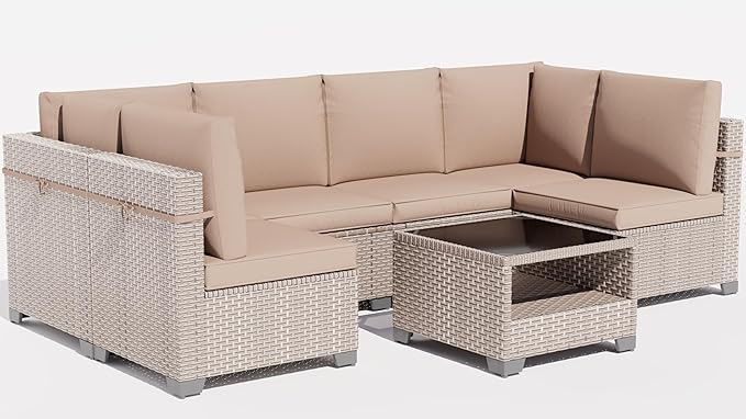 7 Pieces Patio Furniture Set, Outdoor Sectional Wicker Sofa with Thick Cushions and Storage Coffee Table, Rattan Patio Conversation Sets for Deck Yard Poolside, Khaki