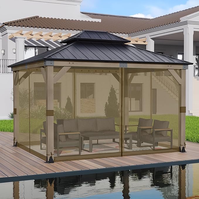 BPS 10' x 13' Gazebo Universal Mosquito Netting Screen Replacement, 4-Panel Screen Walls with Double Zippers for Outdoor Patio, Brown (Mosquito Net Only)