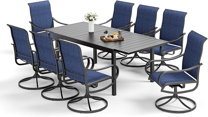 MFSTUDIO Patio Dining Set for 8, Outdoor Dining Set with Expandable Table and Swivel Chairs, 9 Piece Outdoor Patio Furniture Set for Deck/Backyard/Poolside/Garden